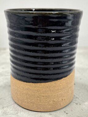 Signed Studio Pottery Stoneware Vase Utensil Holder Black Tan Ribbed 5"